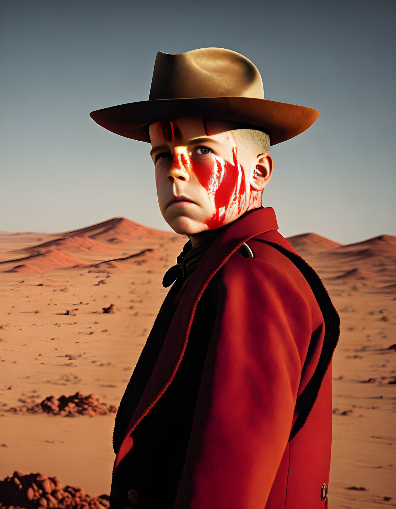 Cowboy hat and red coat figure with white face stripe in desert