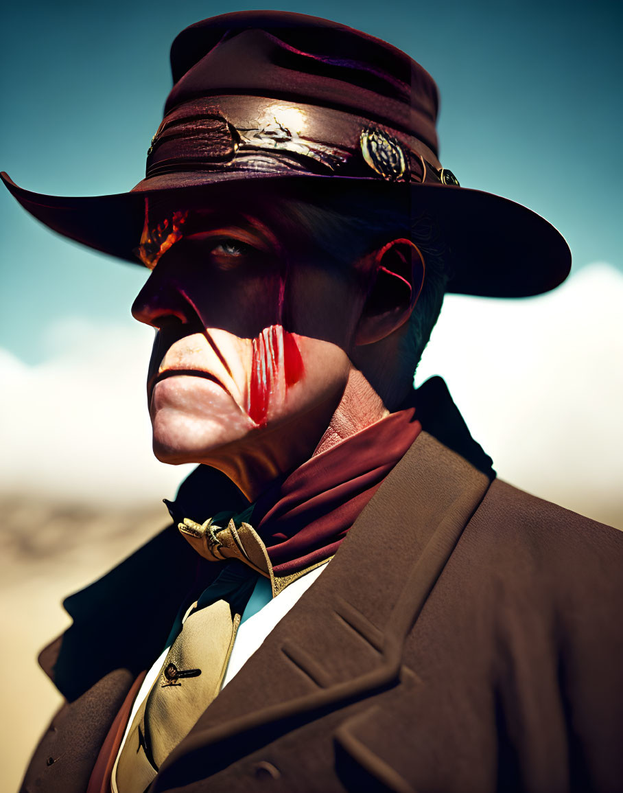 Man with painted face and cowboy hat in desert setting