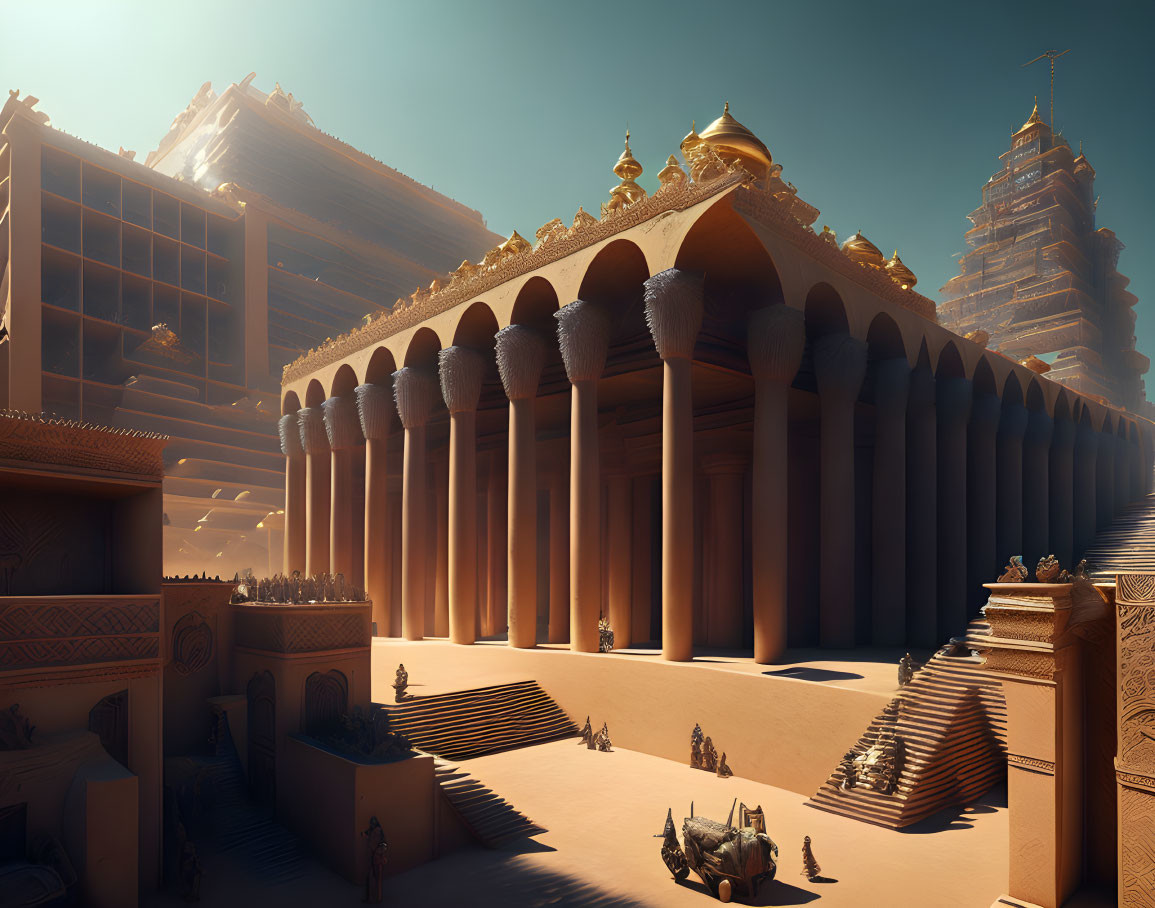 Majestic ancient city digital artwork with grand structures in serene desert landscape