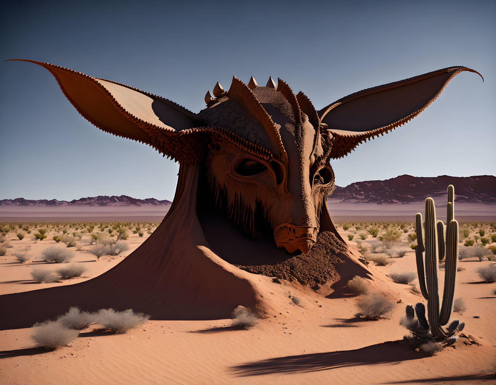 Digital Art: Dragon-like Creature Head in Desert Sand