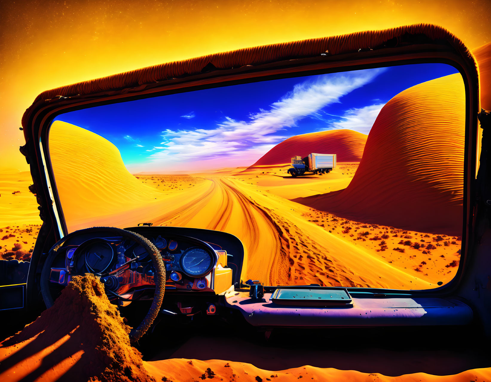 Vehicle interior view of desert road with orange dunes and truck