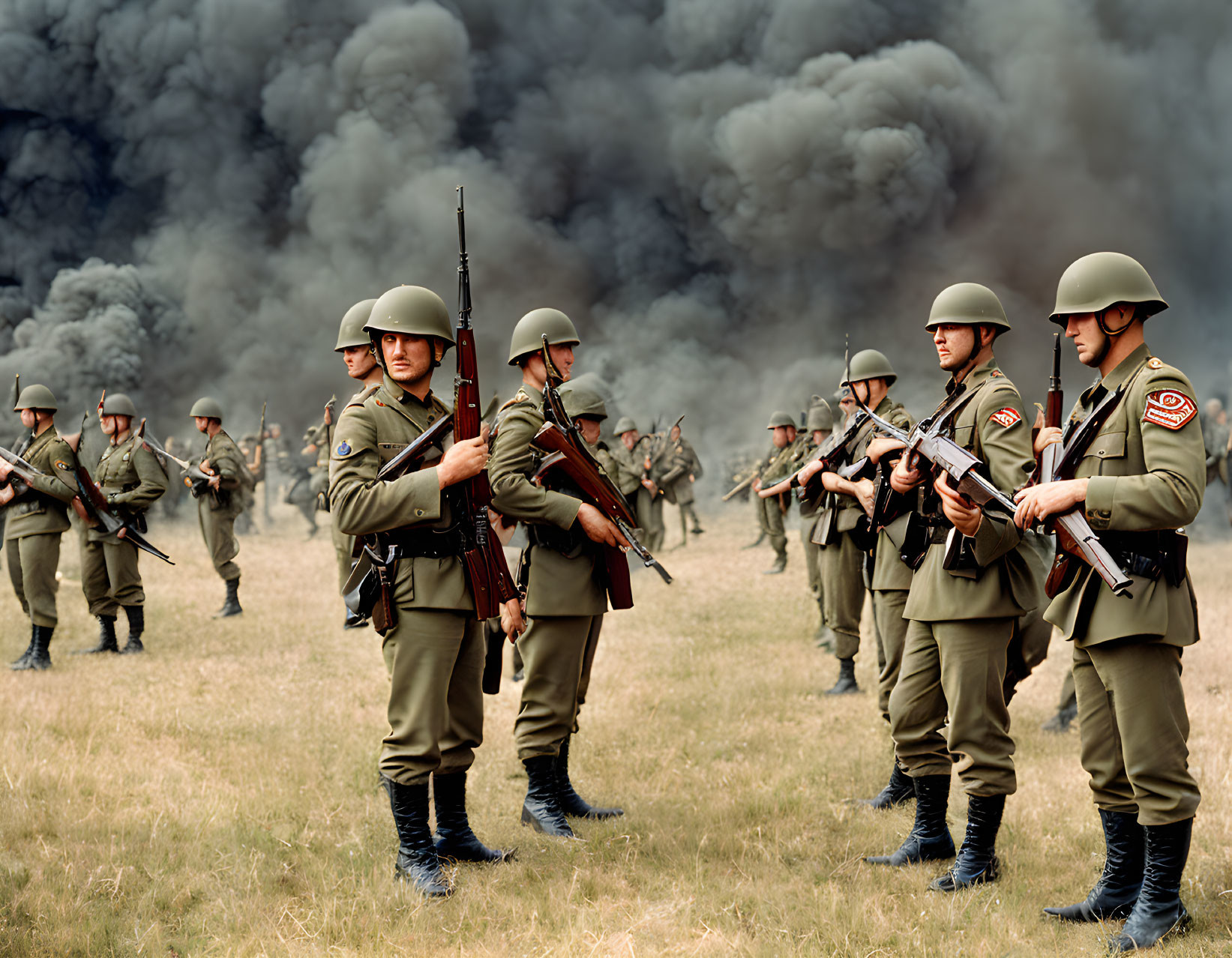 Military soldiers in uniform with helmets and rifles in formation amid billowing smoke