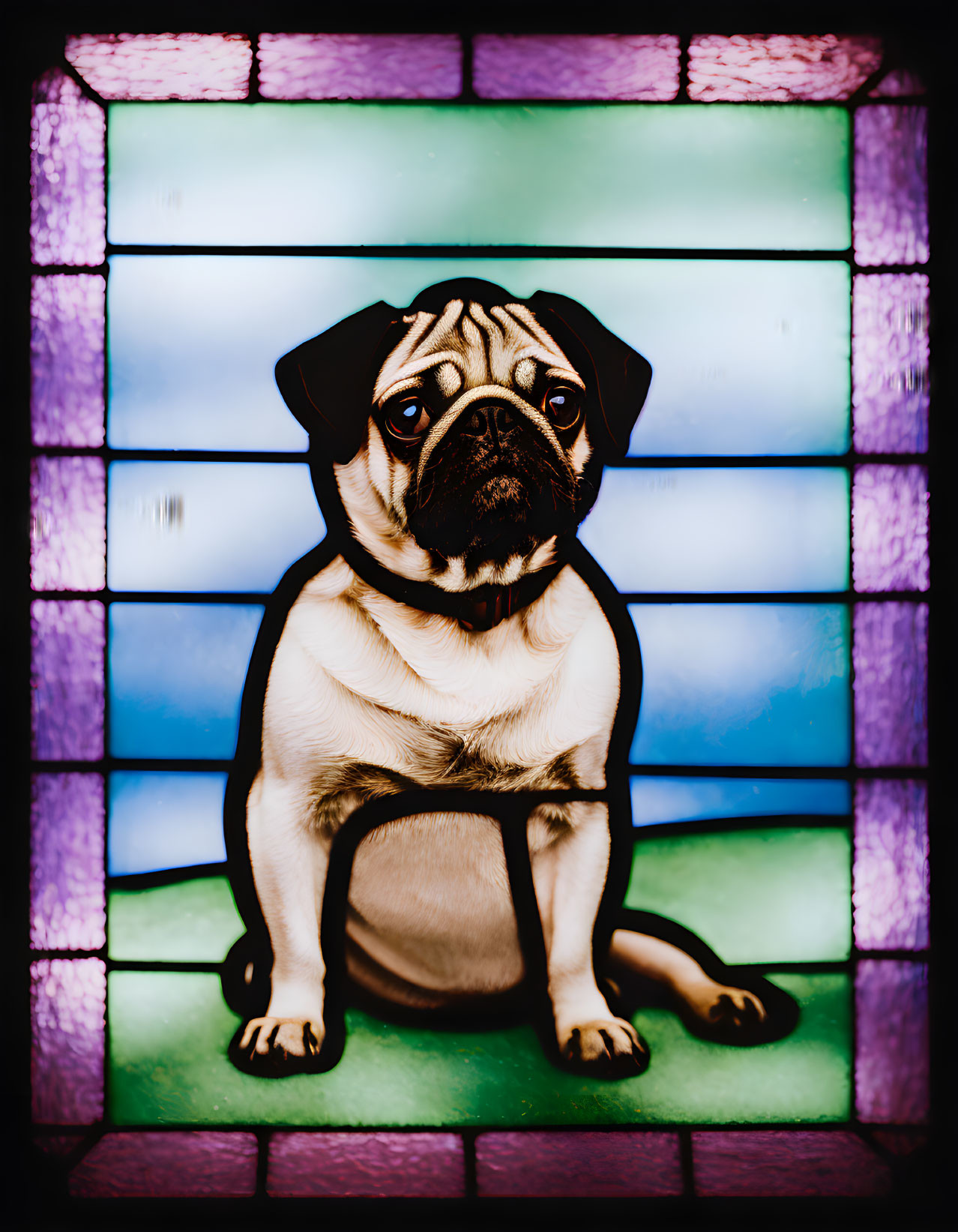 Stylized pug dog with sad expression against colorful stained-glass background