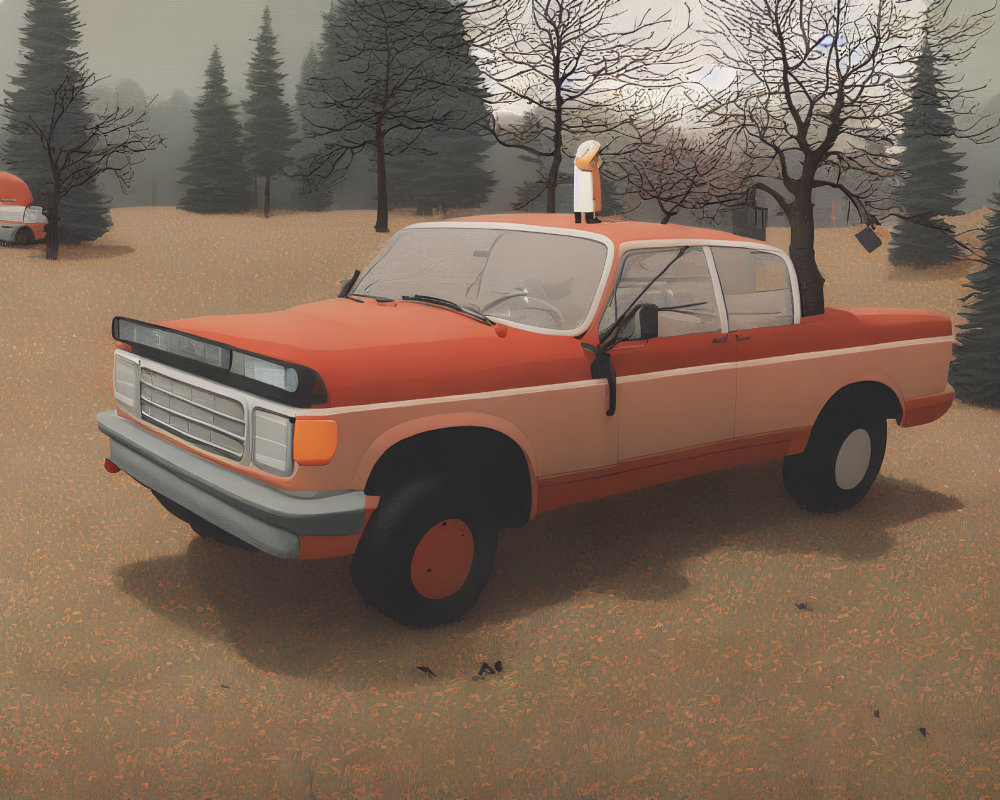 Vintage orange pickup truck in misty autumn forest with bare trees.