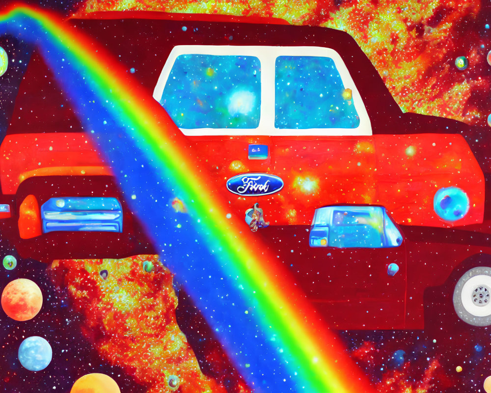 Colorful Red Ford Truck Flying Through Cosmic Space Scene with Stars, Planets, and Rainbow Trail