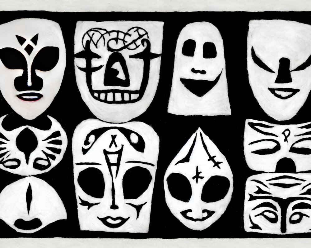 Nine Stylized Black and White Masks with Unique Facial Designs