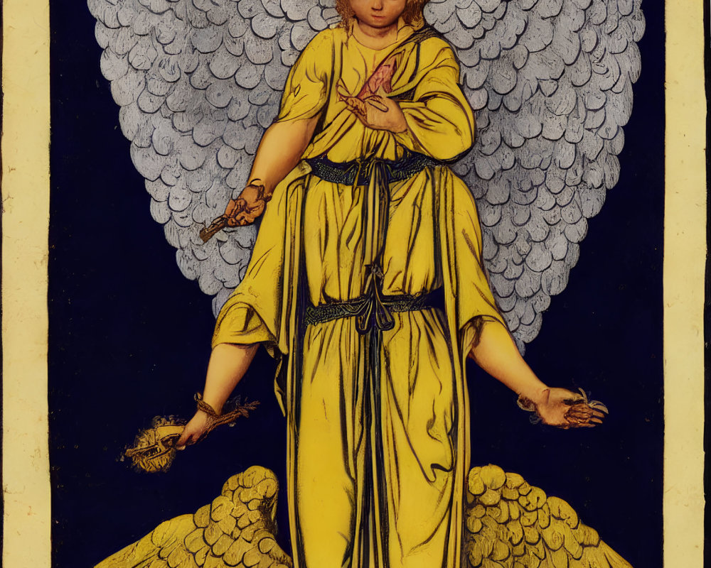 Illustration of angel in yellow robe with large wings and haloed figure above