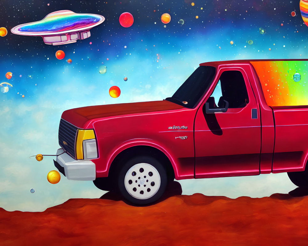 Digital illustration of red pickup truck on Martian landscape with planets, stars, and flying saucer.