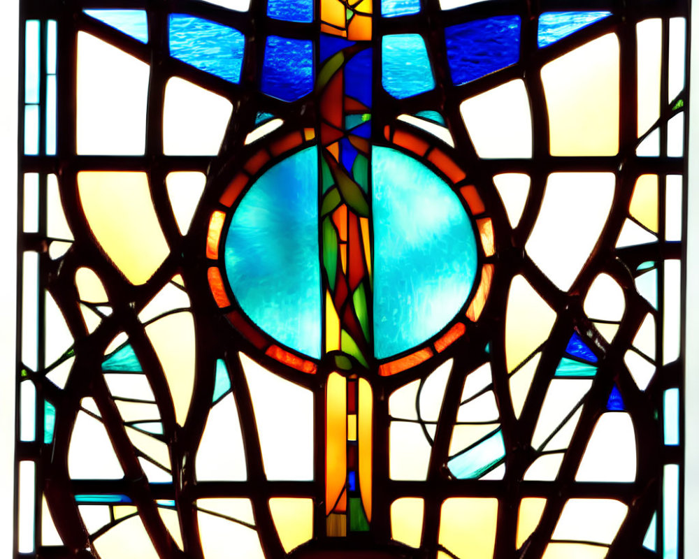 Colorful Geometric Patterns in Backlit Stained Glass Window