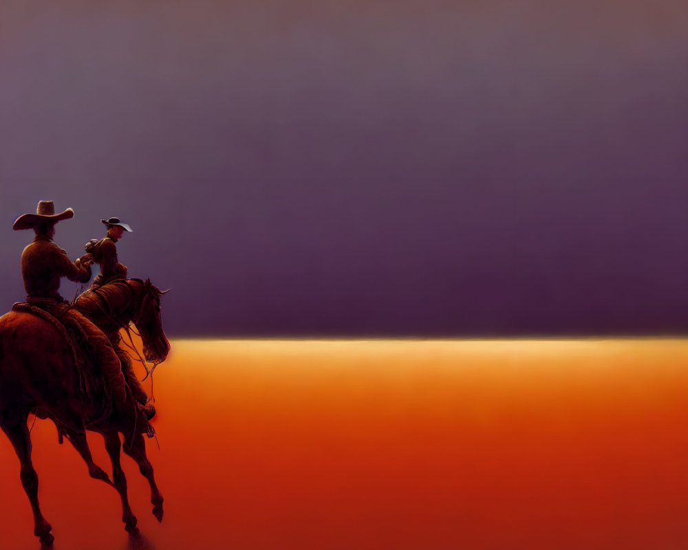 Two cowboys riding horses at dusk against vibrant orange and deep purple sky