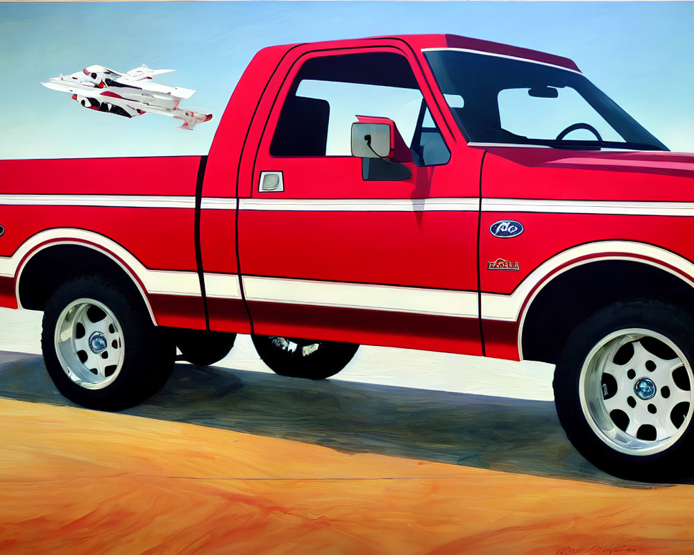 Red and White Ford Pickup Truck on Sandy Terrain with Jet Flying Overhead