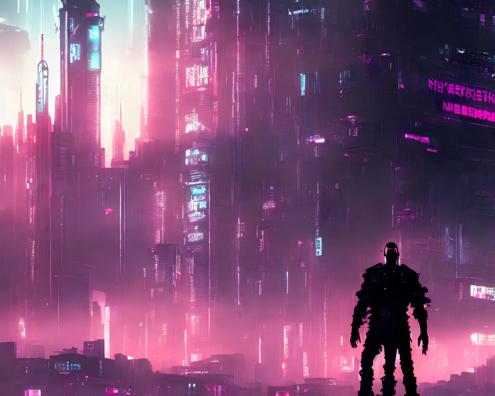 Armored figure in front of neon-lit futuristic cityscape.