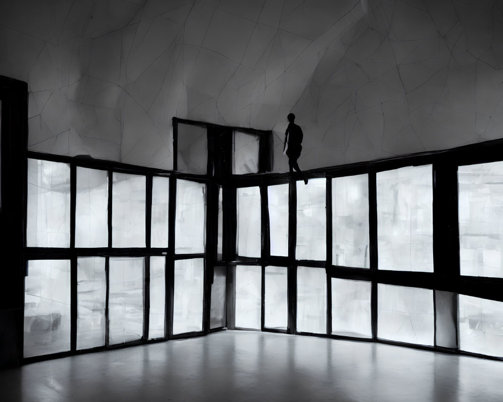 Silhouette of person in room with large windows and geometric patterns