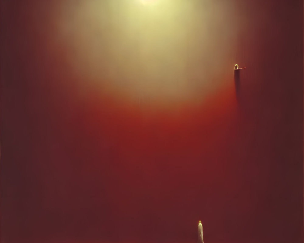 Solitary figure in white garment under bright orb in red haze with lamp post