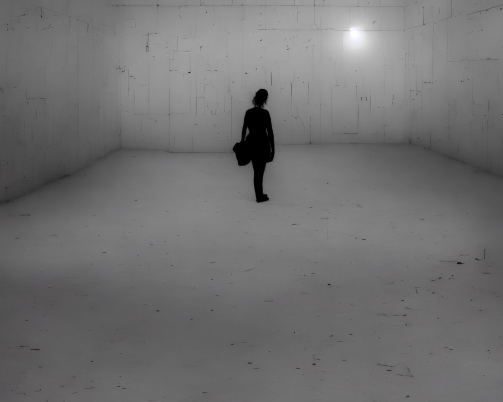 Silhouette of person in dimly lit empty room with textured walls