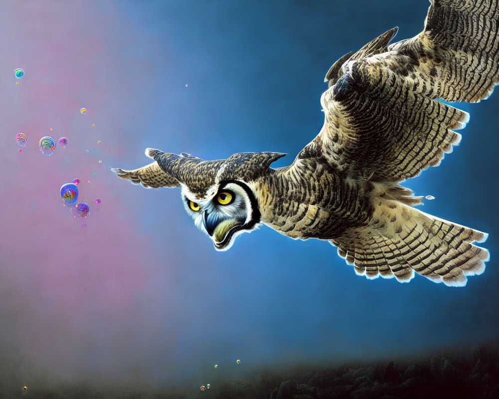 Owl flying in dusky sky with iridescent bubbles