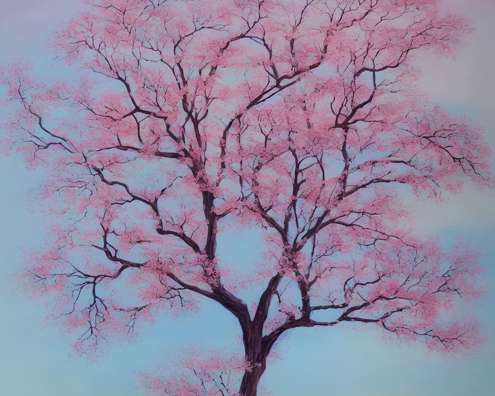 Colorful Tree Painting with Pink Blossoms on Blue Background