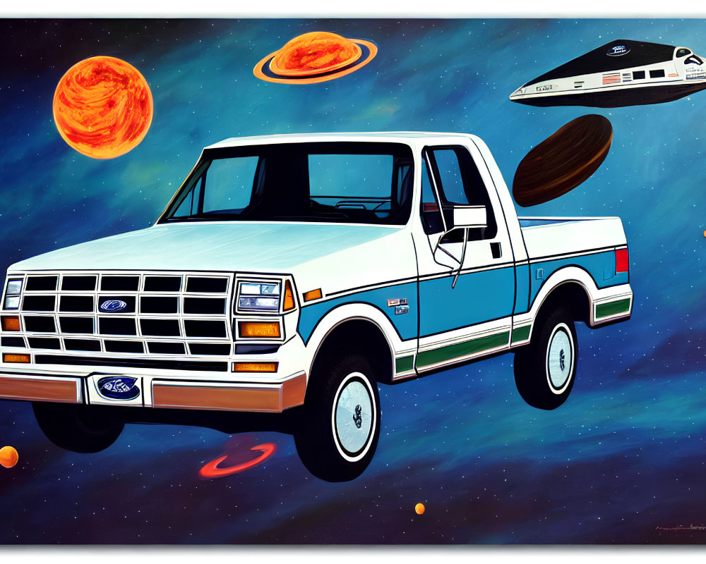 Vintage Ford pickup truck in space with planets and spaceship.