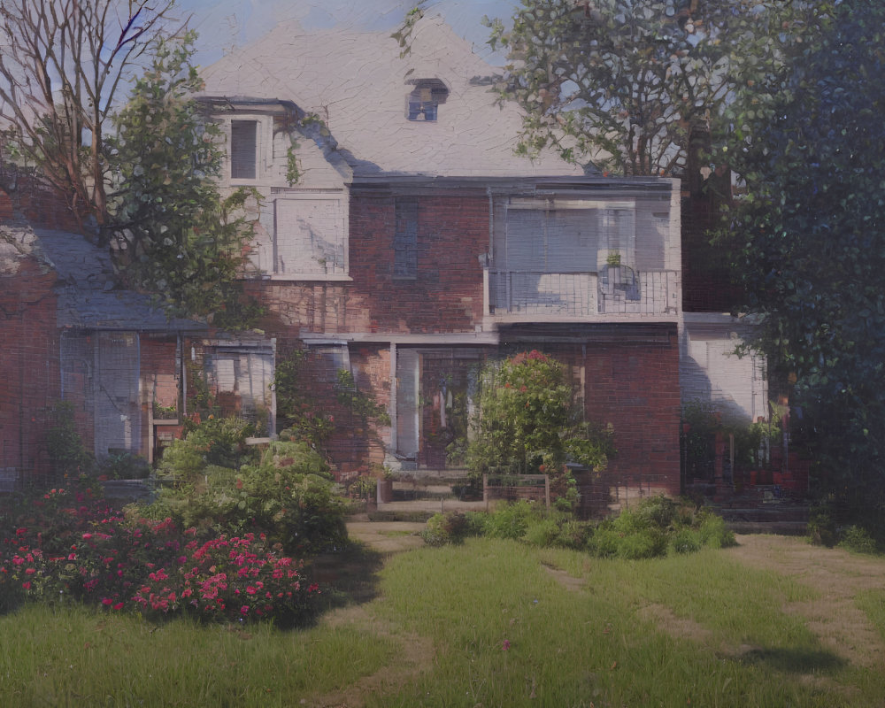 Red brick two-story house with white-trimmed windows in lush garden setting under clear sky.