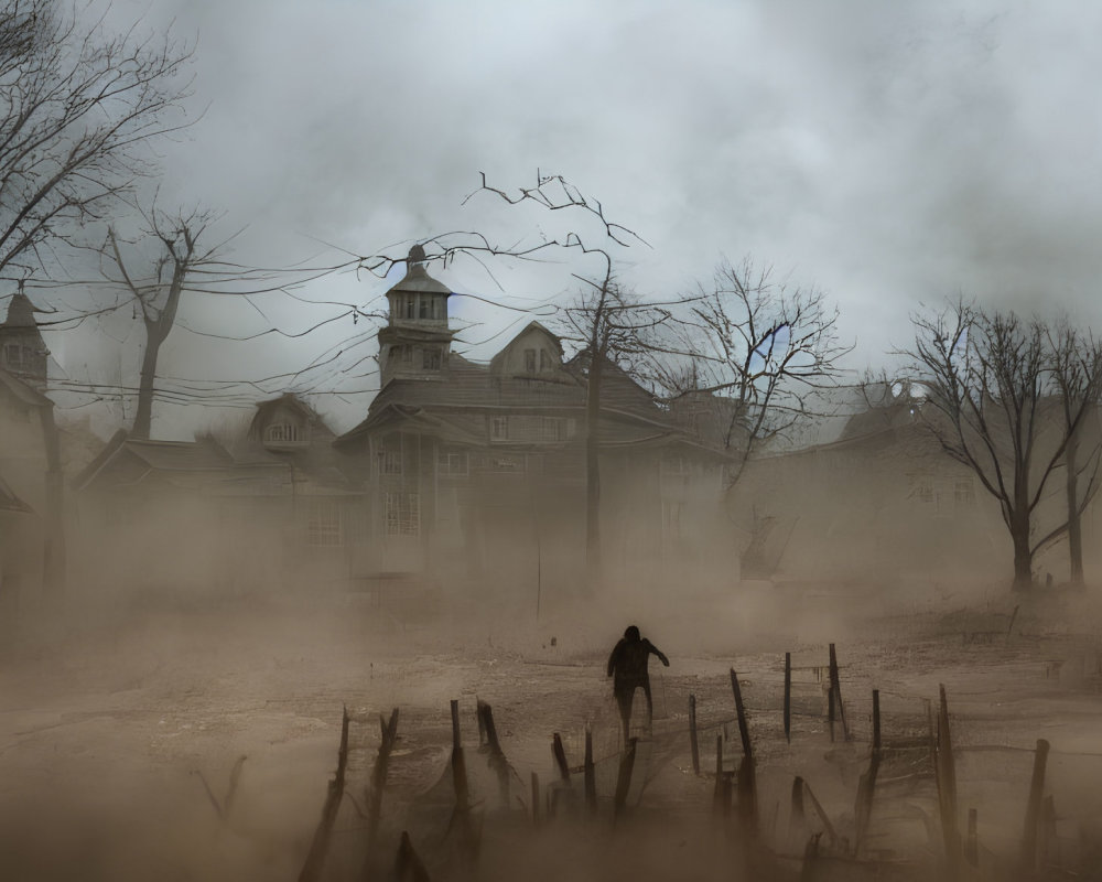 Desolate village with misty atmosphere and lone figure