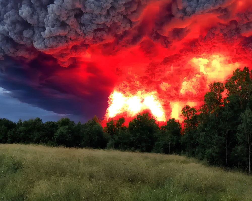 Dramatic fiery sunset over serene field with tree line