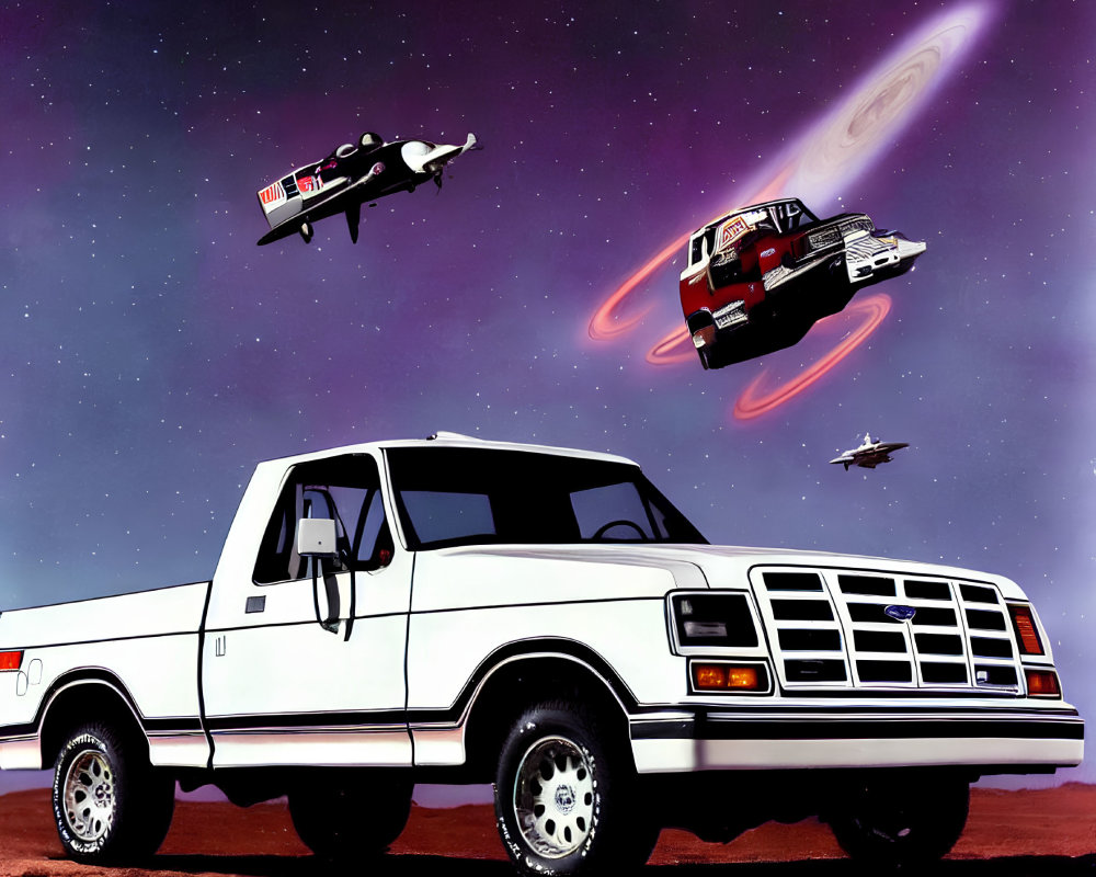 White Pickup Truck in Desert with Space Fighters Soaring