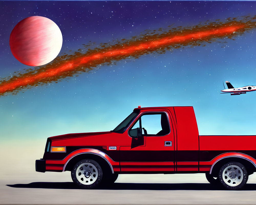 Red Pickup Truck Parked under Starry Sky with Planet, Comet, and Flying Plane