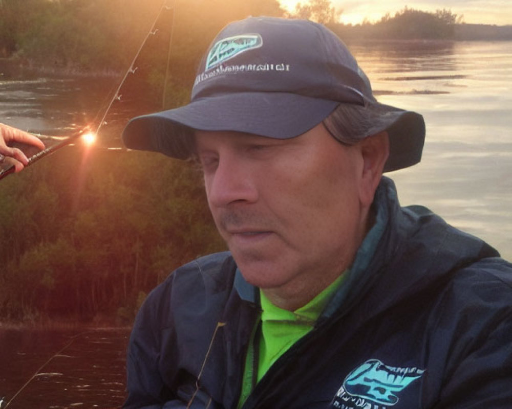 Man in hat and jacket fishing on boat at dawn or dusk with trees and sunlight on water