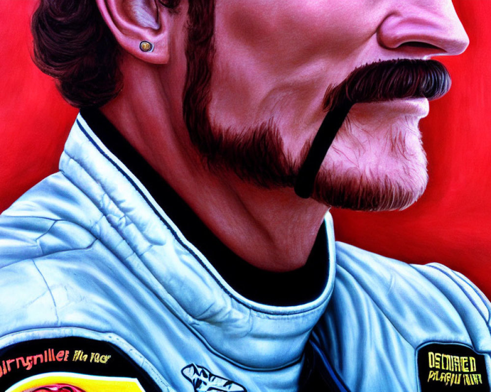 Colorful illustration of man with mustache and beard in racing suit on red background