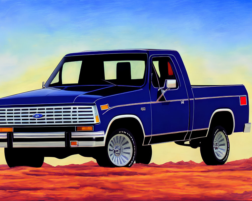 Colorful illustration: Classic blue pickup truck under yellow and blue sky