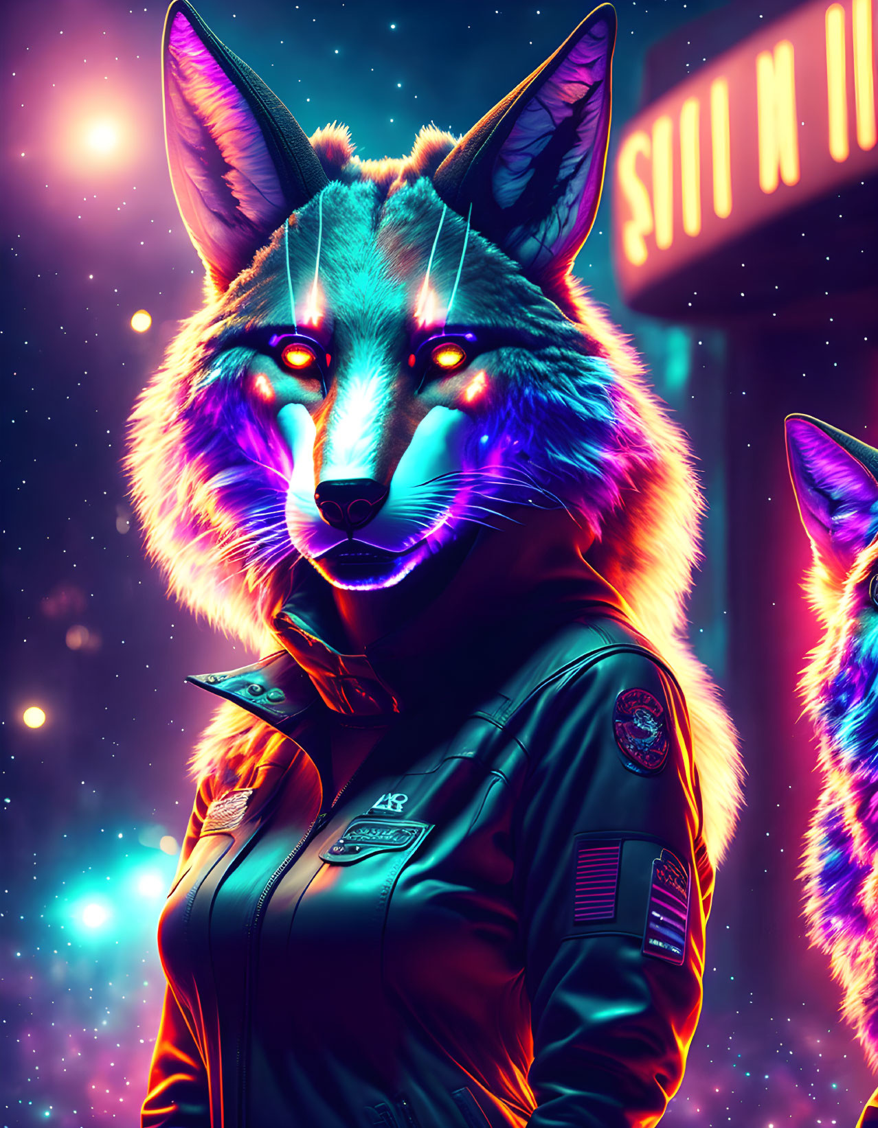 Colorful Digital Artwork: Anthropomorphic Wolf in Pilot Jacket, Neon Lights, Cosmic Background