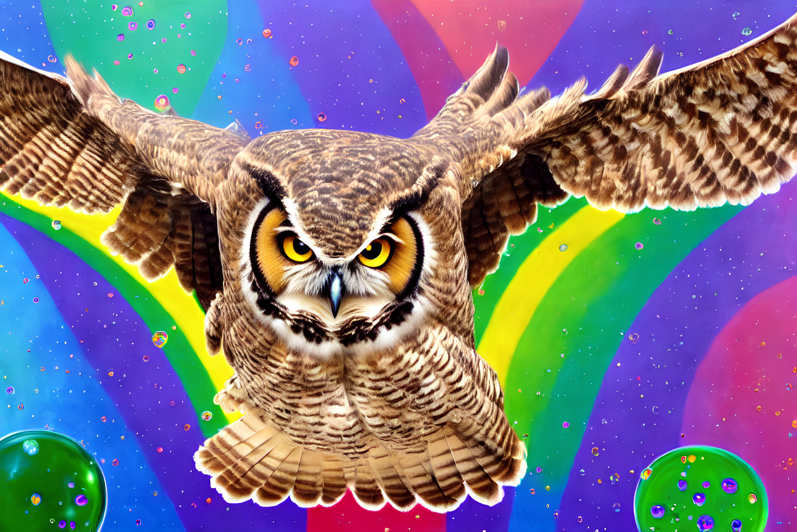 Great Horned Owl Flying Against Colorful Rainbow and Bubbles