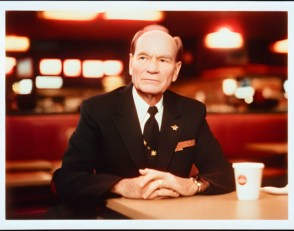 Dignified man in black suit at diner table with coffee cup