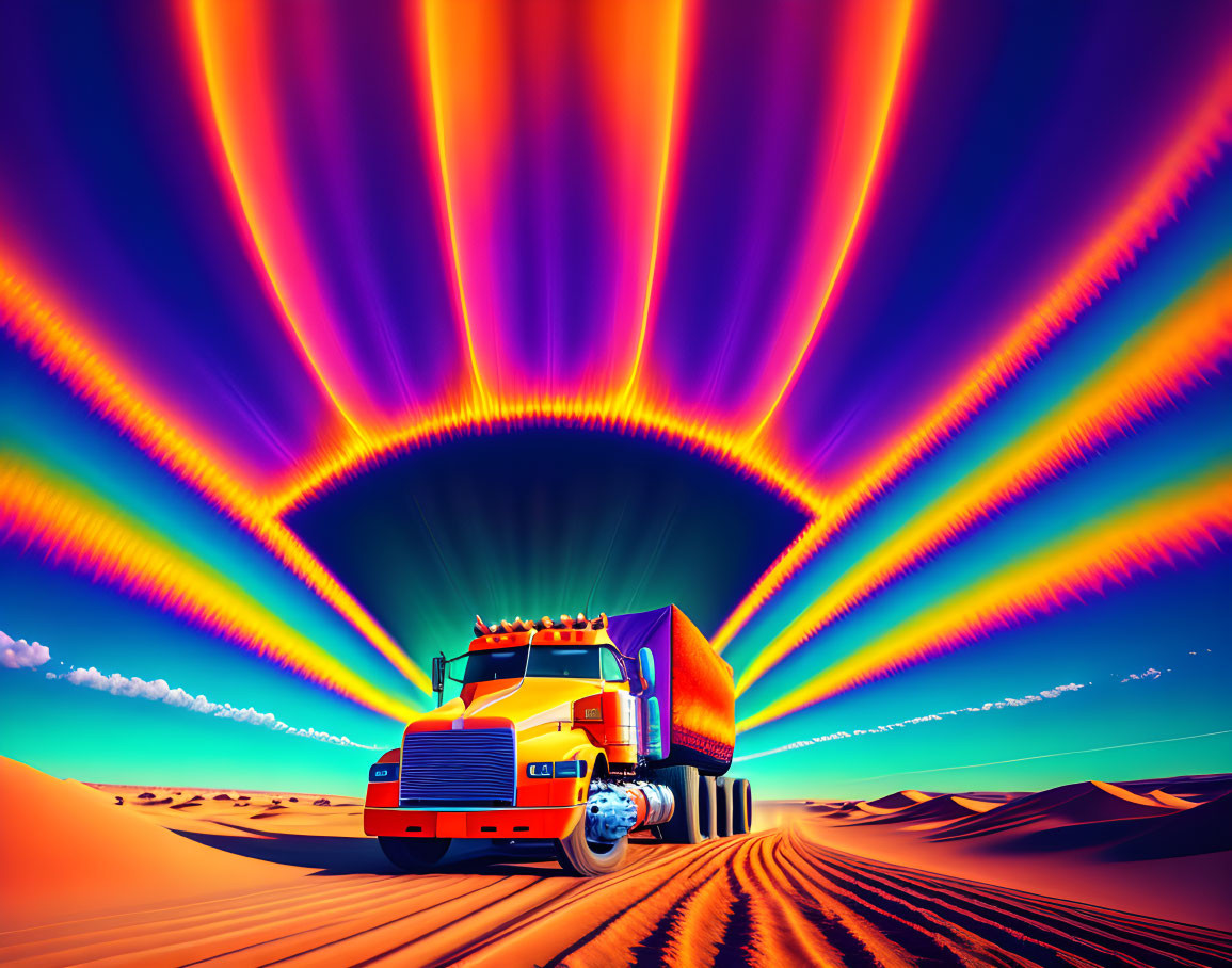 Colorful big rig truck driving in desert under rainbow sky streaks