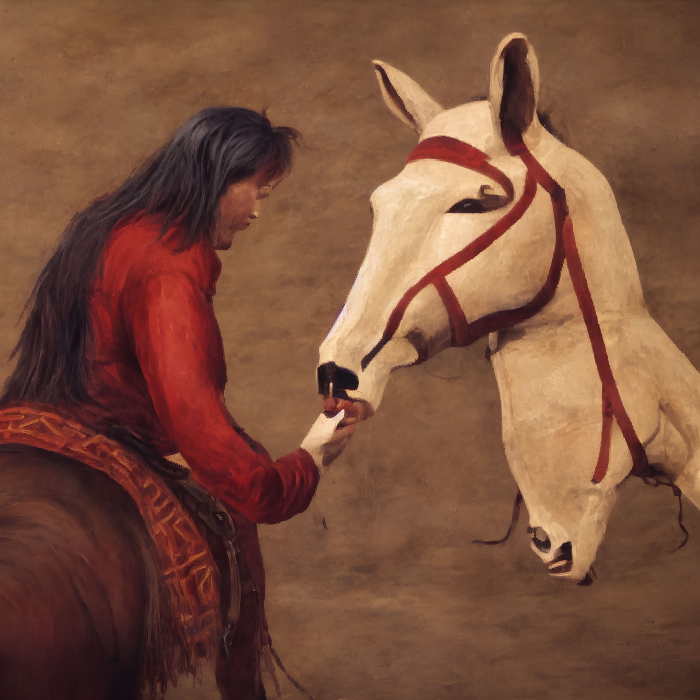 Person in red shirt feeding white horse with red bridle on brown background