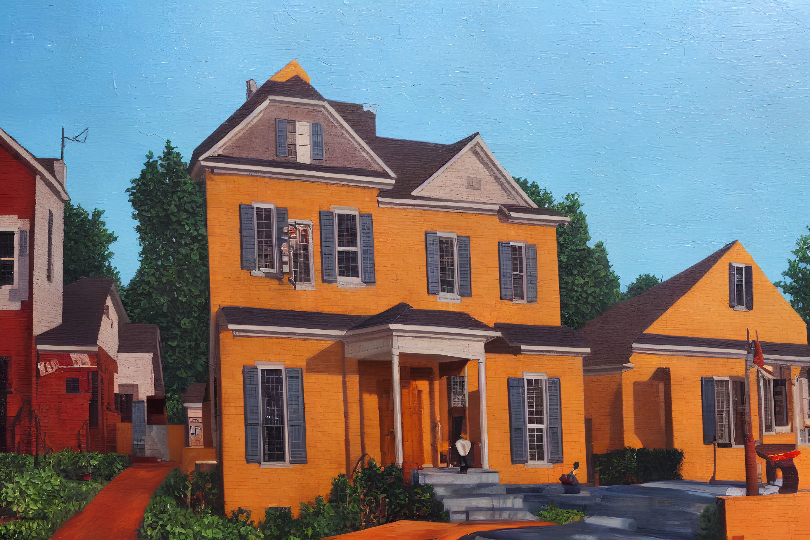 Yellow two-story house painting in lush greenery and blue sky