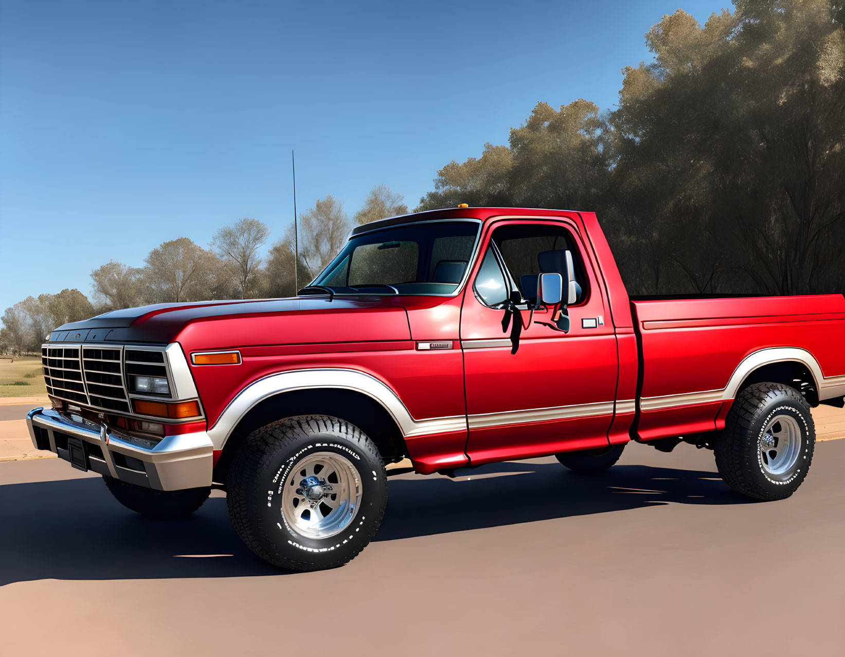 Classic Red Pickup Truck with Chrome Accents and Large Wheels on Dusty Terrain