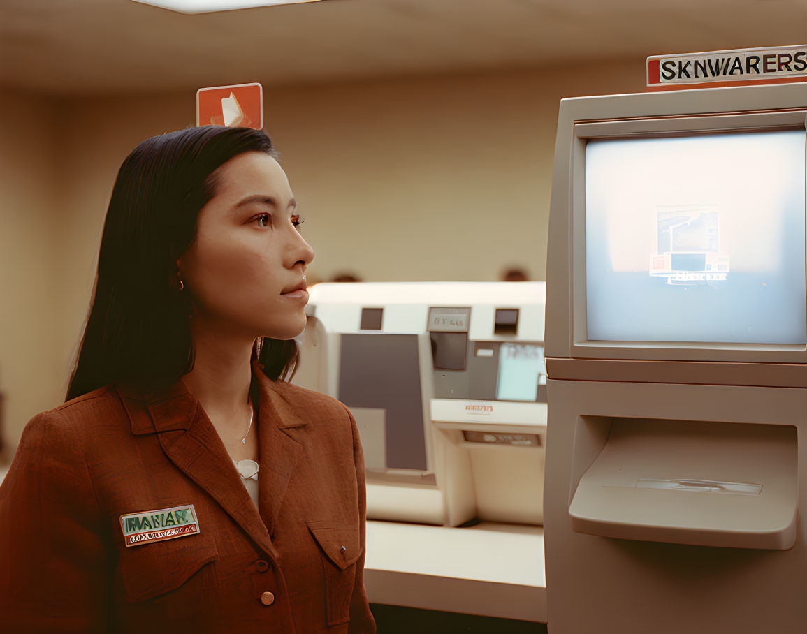 Professional woman in brown suit at vintage office desk