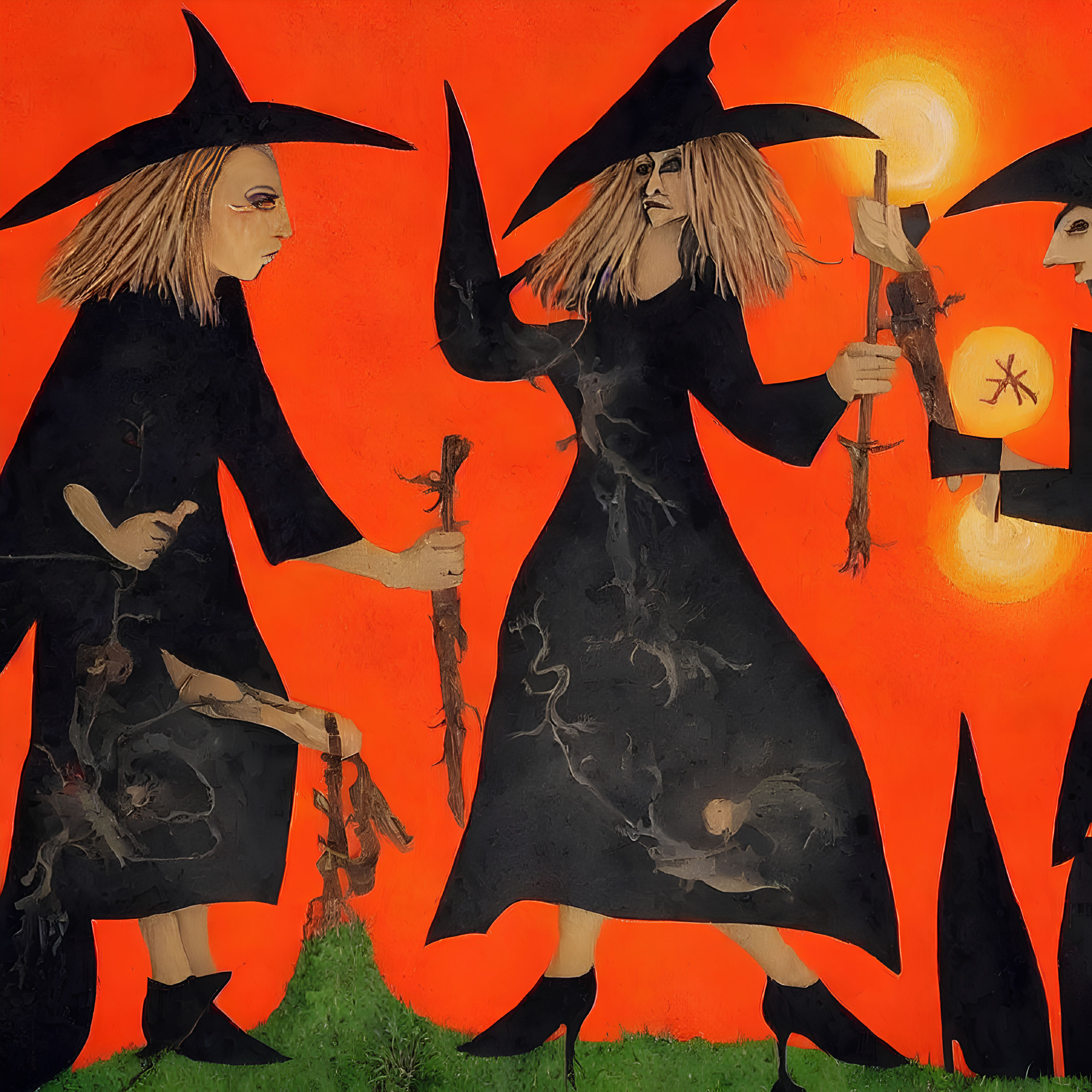 Stylized witches in black dresses and pointy hats with brooms and lanterns on orange background