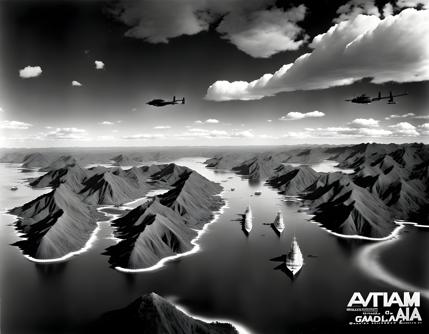 Monochrome artwork: Helicopters over mountains, mirrored in serene waters