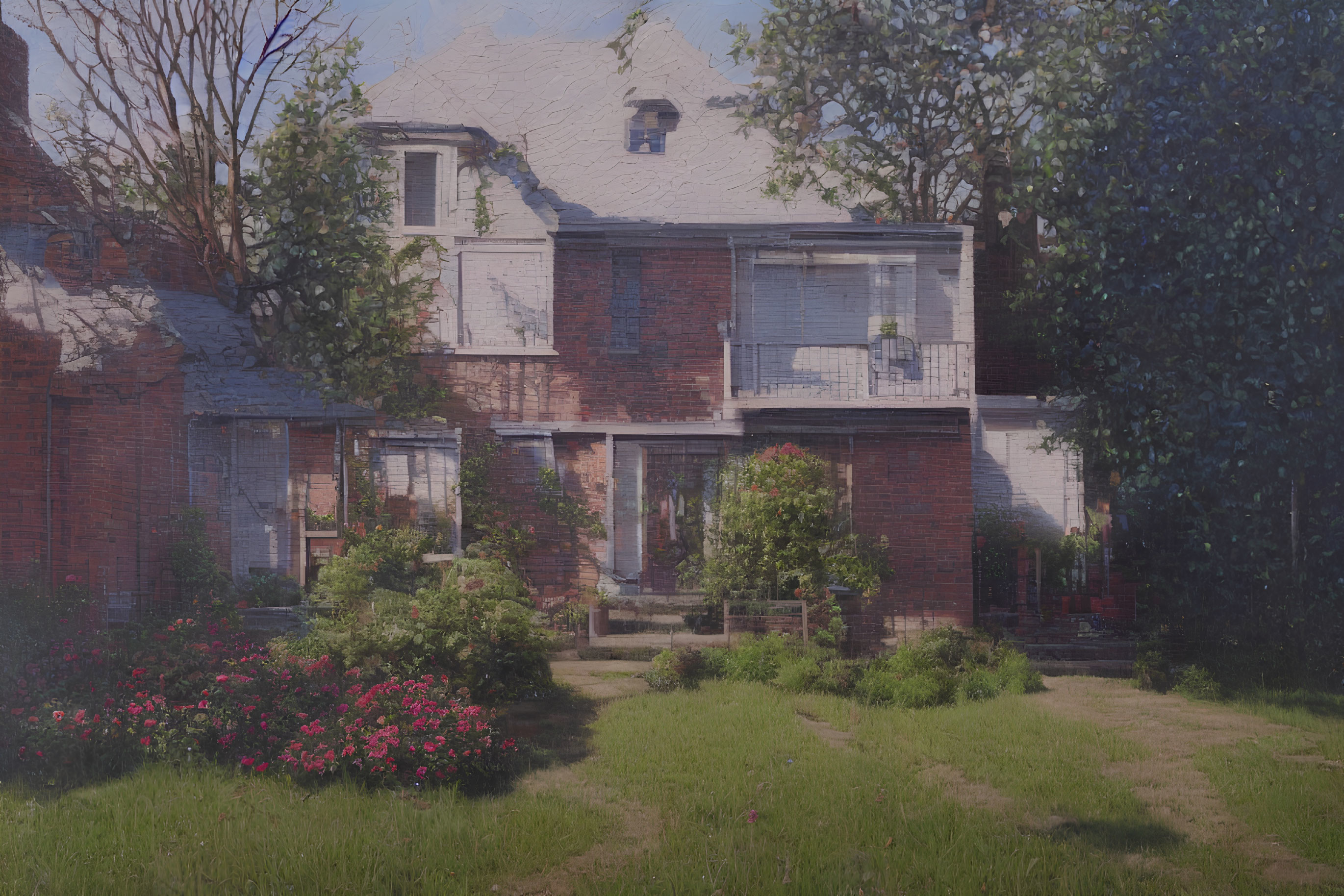 Red brick two-story house with white-trimmed windows in lush garden setting under clear sky.