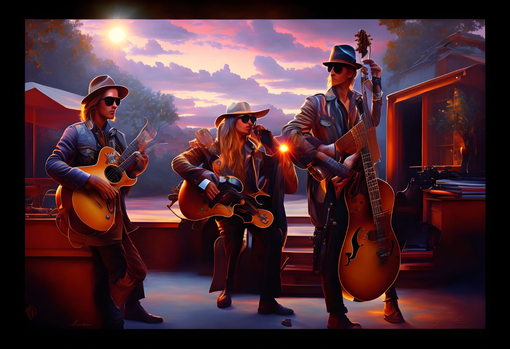 Musicians playing guitars at sunset with stylish outfits and hats.