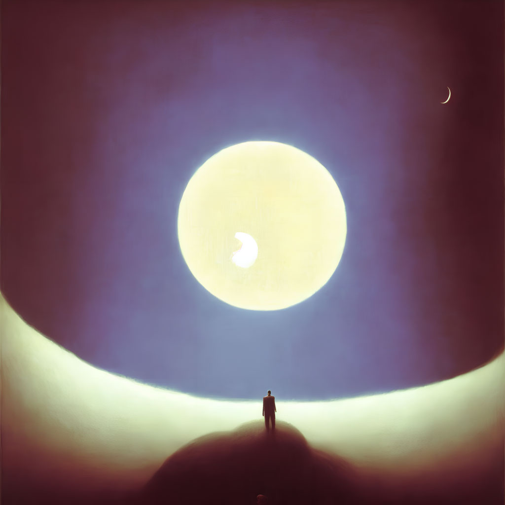 Figure standing on hill under glowing yellow moon with flying bird and crescent moon in dark sky