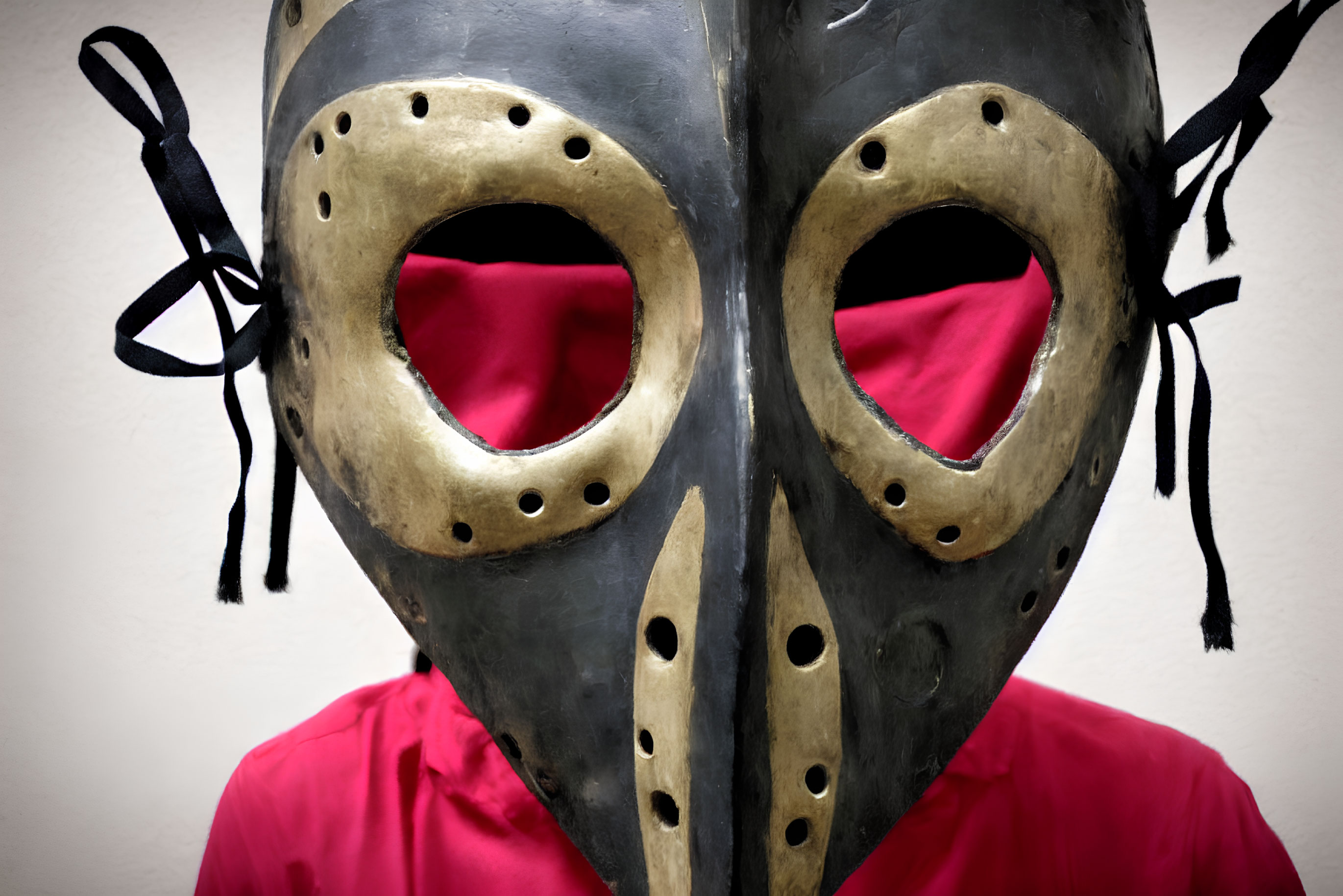 Person in Golden Plague Doctor Mask with Red Fabric Revealed