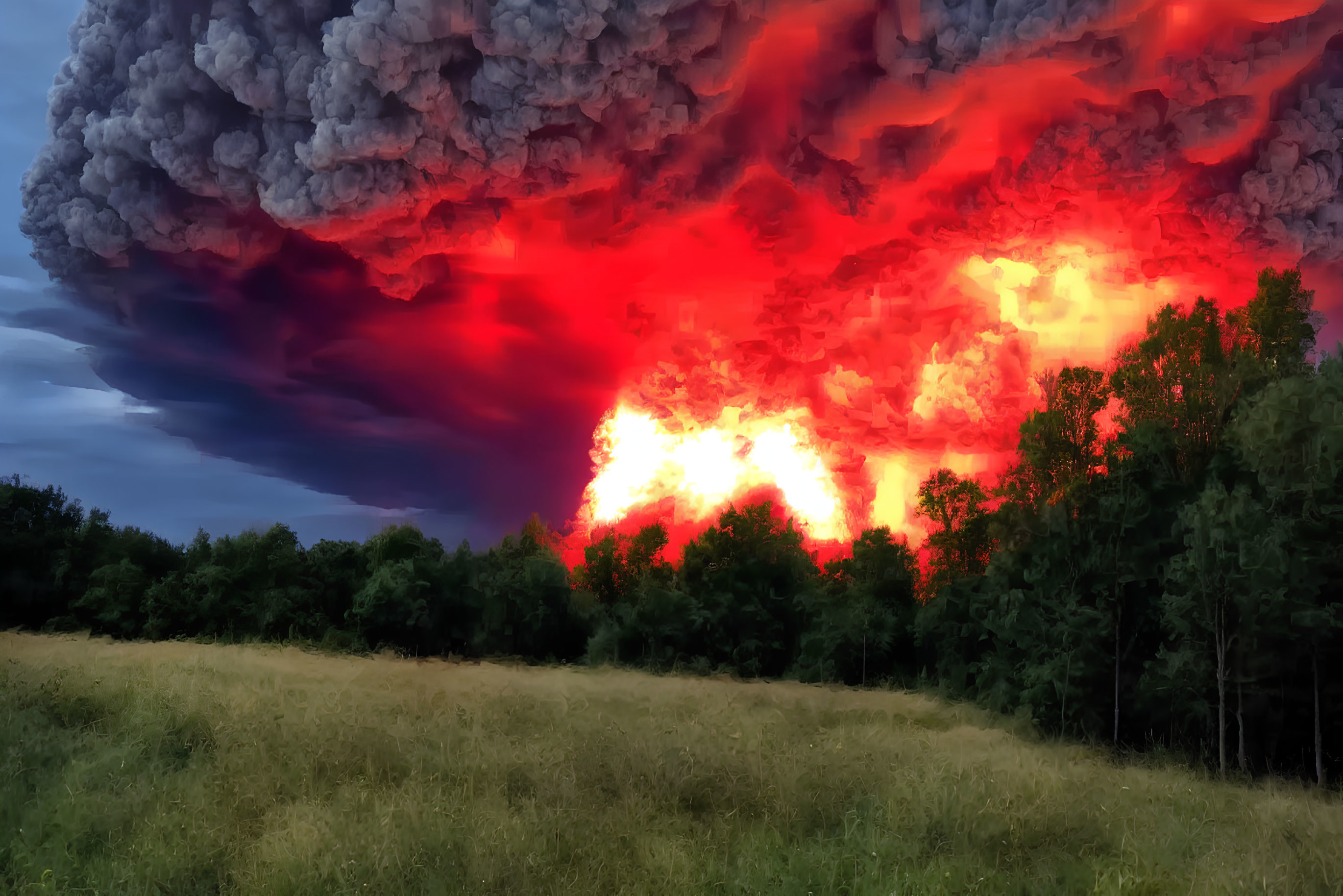 Dramatic fiery sunset over serene field with tree line