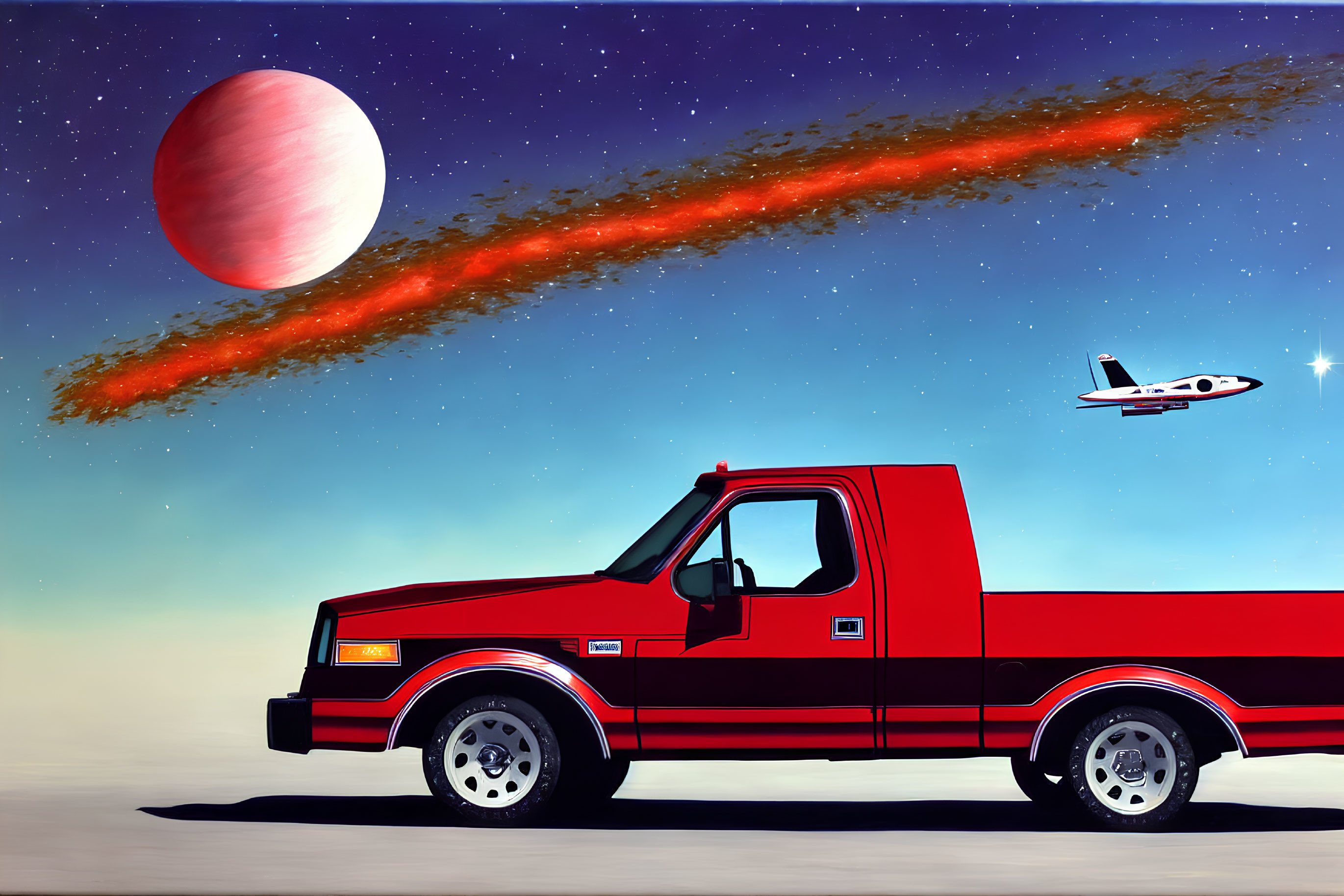 Red Pickup Truck Parked under Starry Sky with Planet, Comet, and Flying Plane