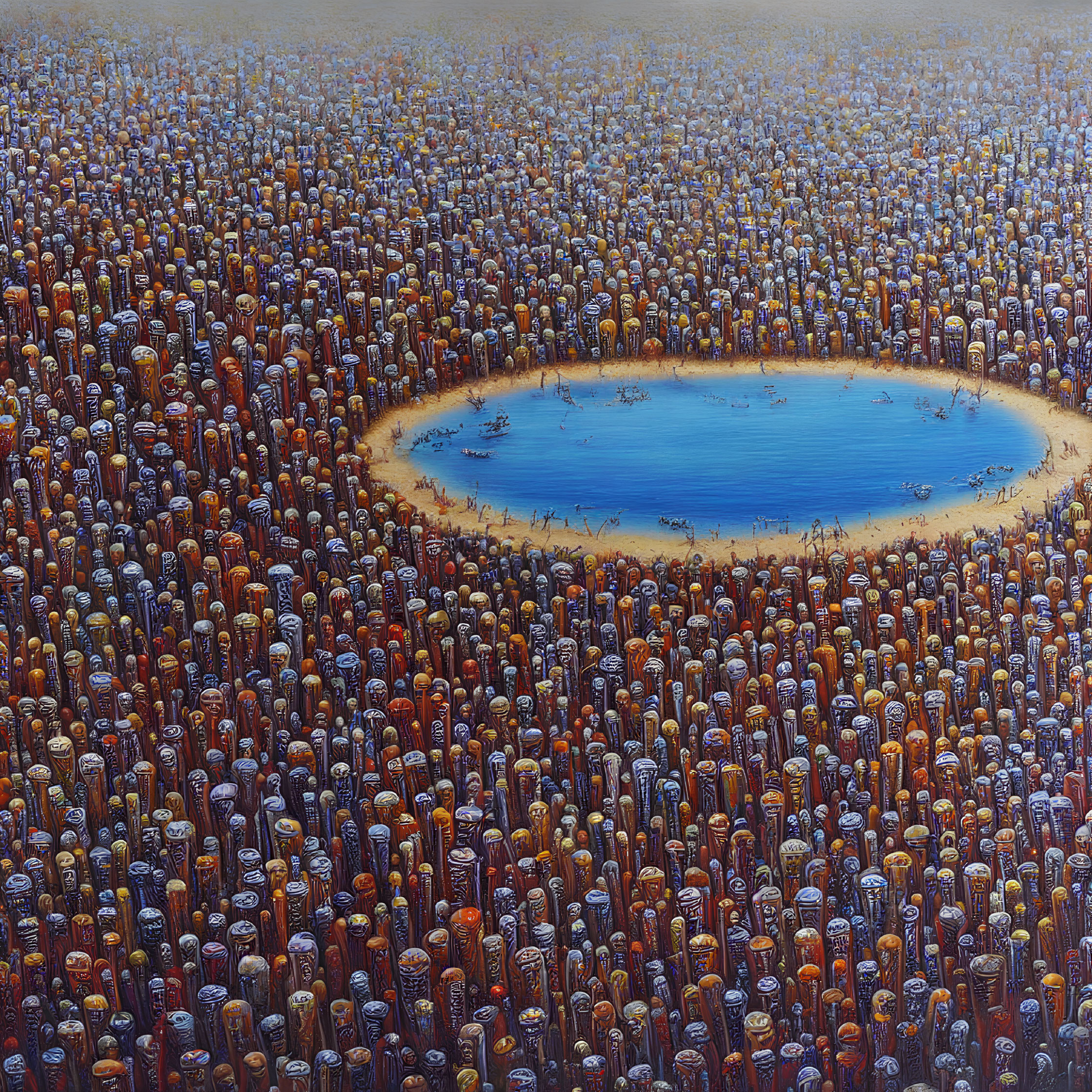 Surreal painting of dense crowd around blue pond