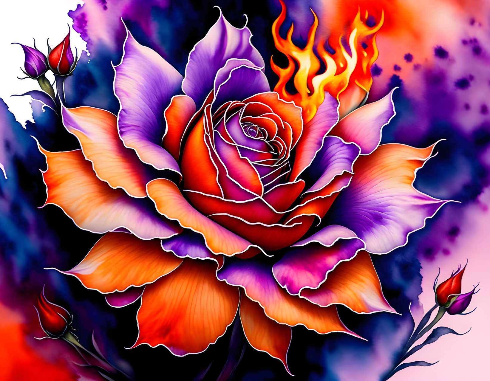 Colorful rose with flaming petals on purple background and budding roses