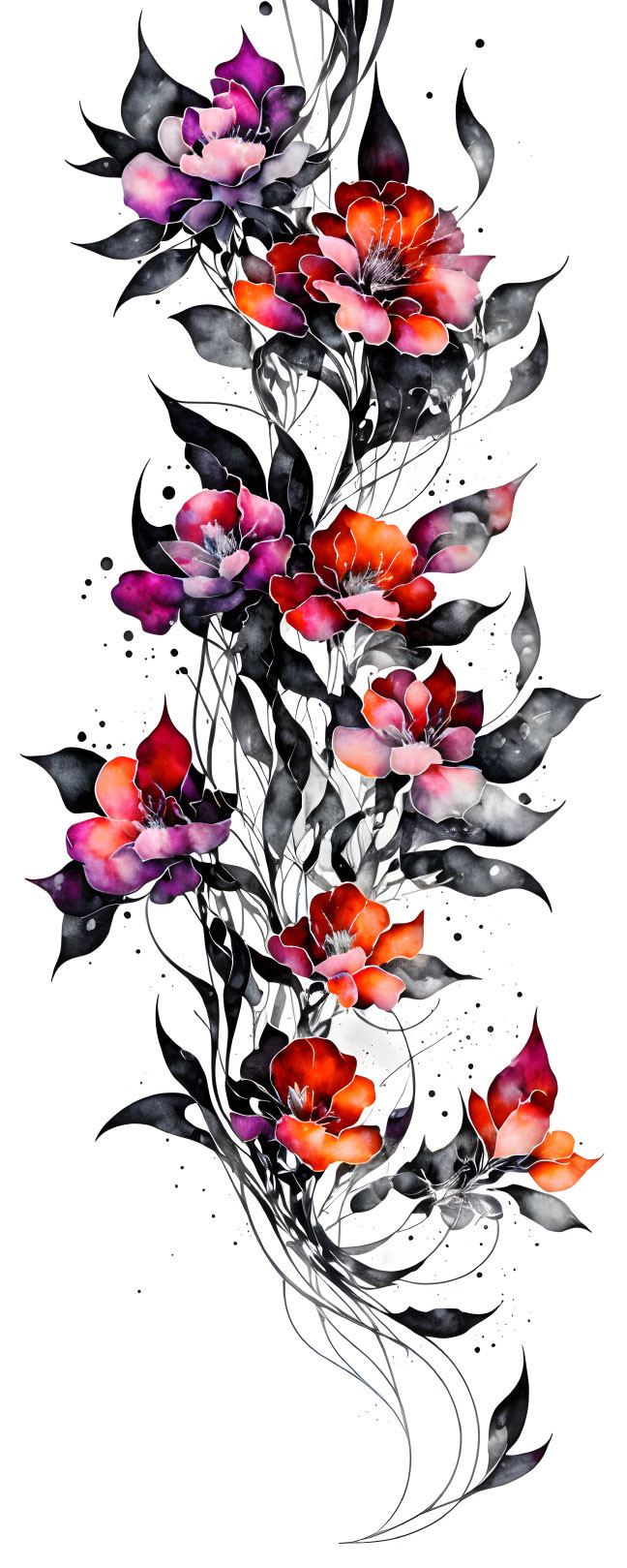 Vibrant orange and pink flowers with dark gray leaves on white background