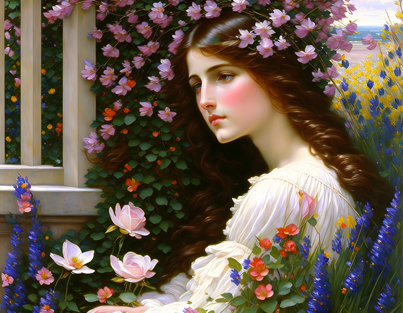 Portrait of woman with long brown hair and floral crown amidst flowers and greenery.